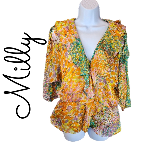 Milly Womens Silk Pastel Confetti Blouson & Matching Tank Under Sz 10 V/Neck - Picture 1 of 15